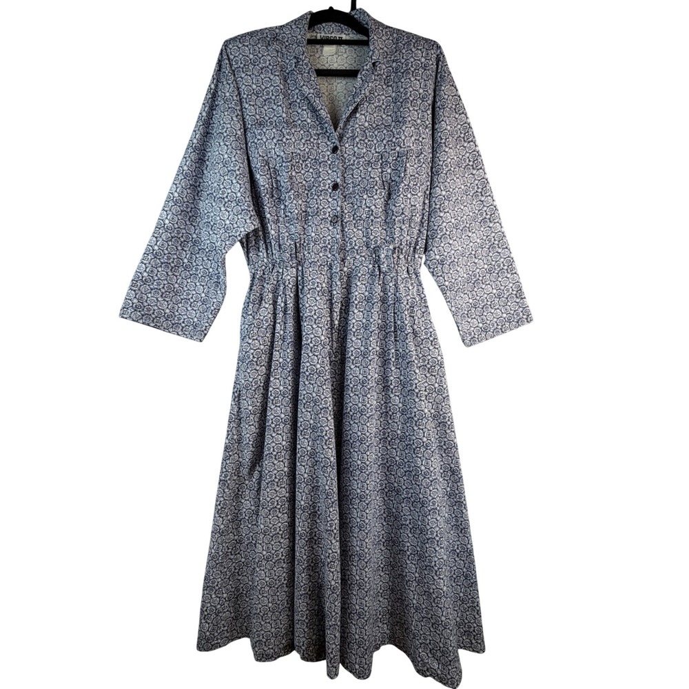 Vintage Virgo II Blue White Geometric Midi Dress ILGWU Union Made Long Sleeve 8